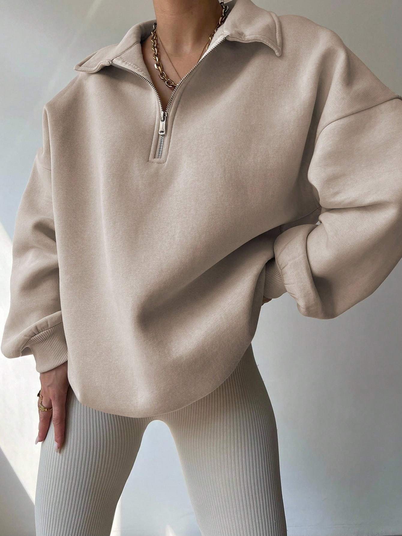 Women Plain Front Zipper Long Sleeve Simple Hoodie
