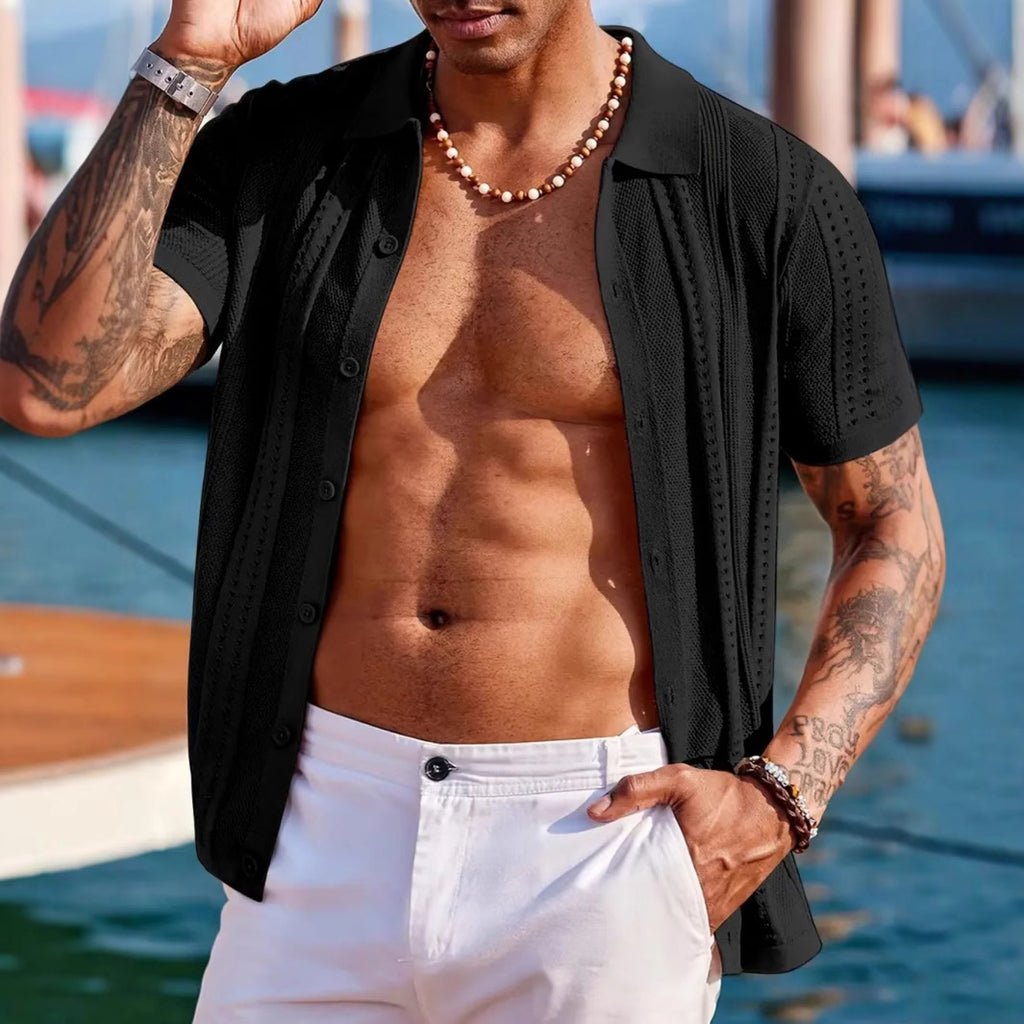 Knitted Cardigan Solid Color Breathable Men's Short-sleeved Shirt