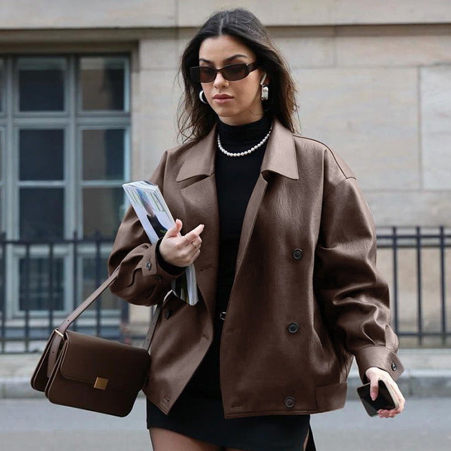 Women's Elegant Suit Collar Loose Leather Coat