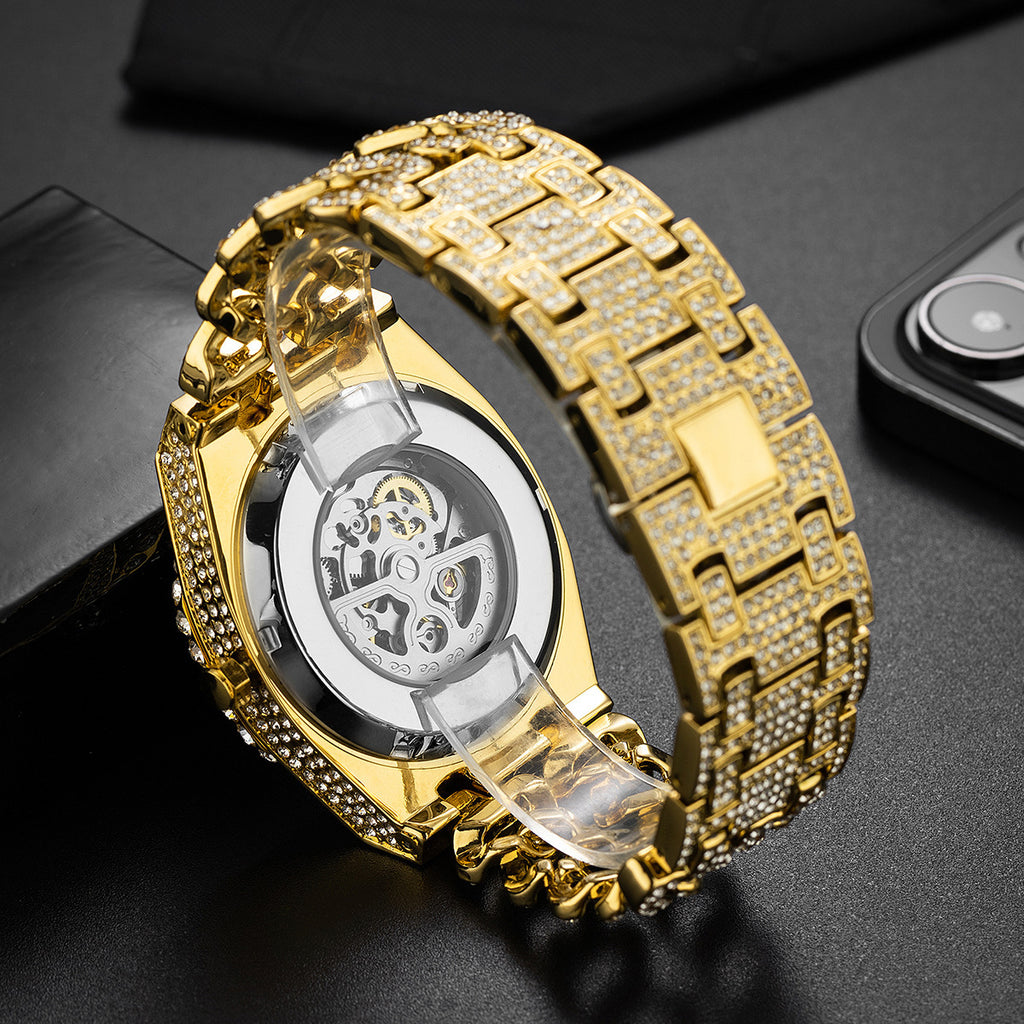 Full Diamond Hip Hop Cuban Link Chain Stitching Hollow Automatic Mechanical Watch